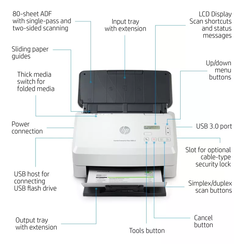 HP Scanjet Enterprise Flow 5000 s5 Dokumentų skaitytuvas (tiekiamasis) 600 x 600 DPI A4 Baltas