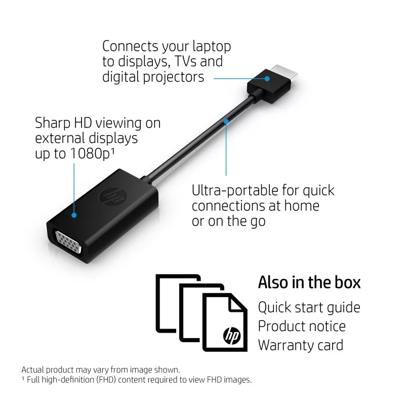 HP HDMI į VGA adapteris, 0,045 m, HDMI, VGA (D-Sub), Kištukas, Lizdas, Juoda