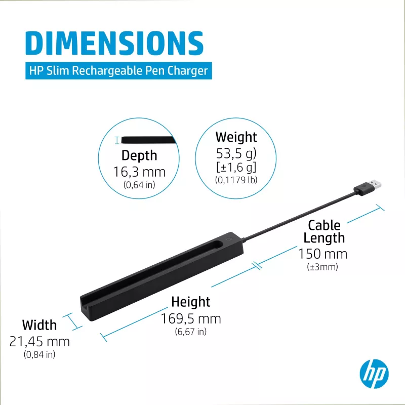 HP Slim Rechargeable Pen Charger, USB, 0,15 m, juoda