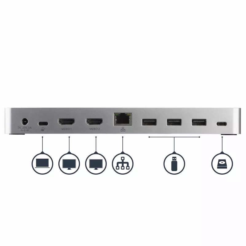 StarTech.com Dviejų monitorių USB-C dokas su 60W įkrovimu, USB 3.1 Gen 1, HDMI / DVI, suderinamas su Thunderbolt 3