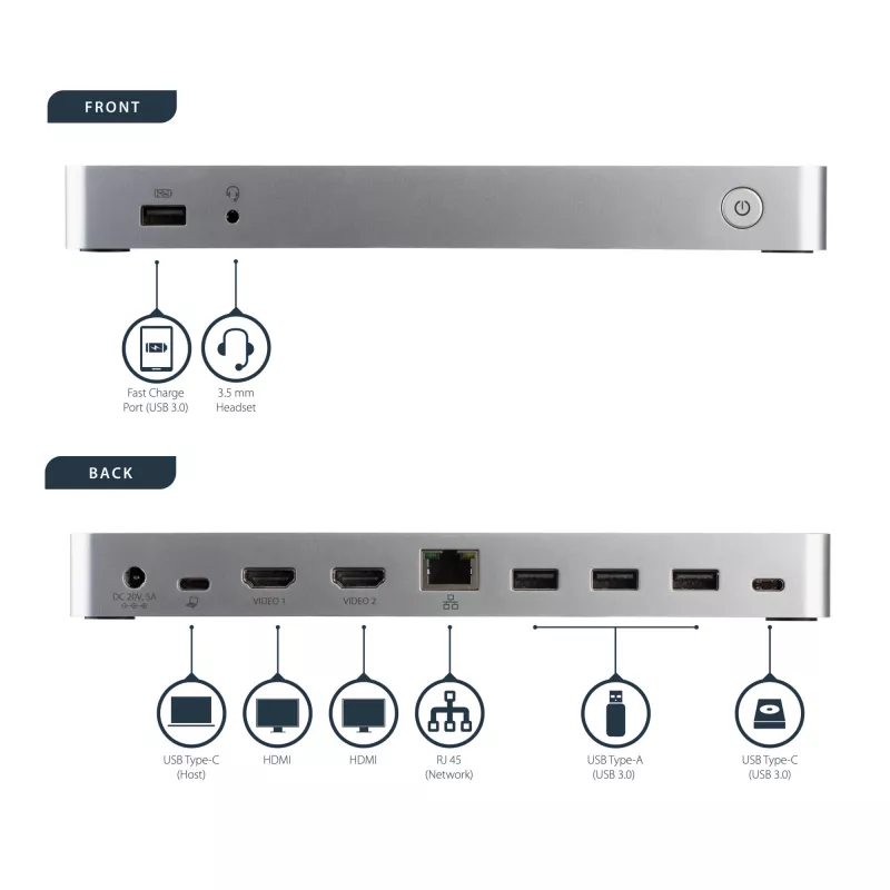StarTech.com Dviejų monitorių USB-C dokas su 60W įkrovimu, USB 3.1 Gen 1, HDMI / DVI, suderinamas su Thunderbolt 3