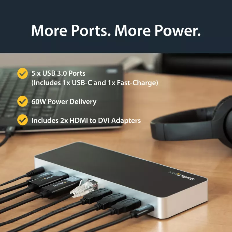 StarTech.com Dviejų monitorių USB-C dokas su 60W įkrovimu, USB 3.1 Gen 1, HDMI / DVI, suderinamas su Thunderbolt 3