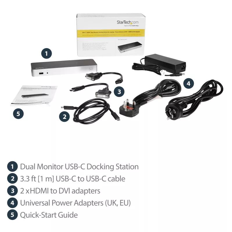 StarTech.com Dviejų monitorių USB-C dokas su 60W įkrovimu, USB 3.1 Gen 1, HDMI / DVI, suderinamas su Thunderbolt 3