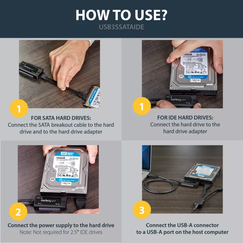 StarTech.com SATA į USB laidas - USB 3.1 (10Gbps) - UASP, juodas, veiklos ir maitinimo indikatoriai, CE, FCC, ASMedia ASM1351, 12 V, 0-60 °C