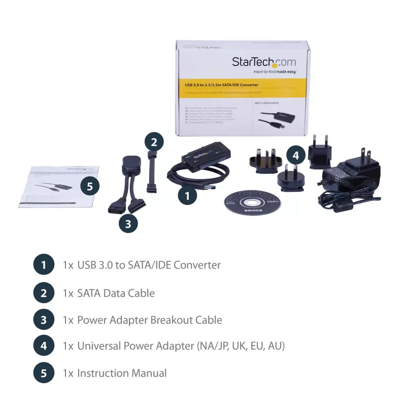 StarTech.com SATA į USB laidas - USB 3.1 (10Gbps) - UASP, juodas, veiklos ir maitinimo indikatoriai, CE, FCC, ASMedia ASM1351, 12 V, 0-60 °C