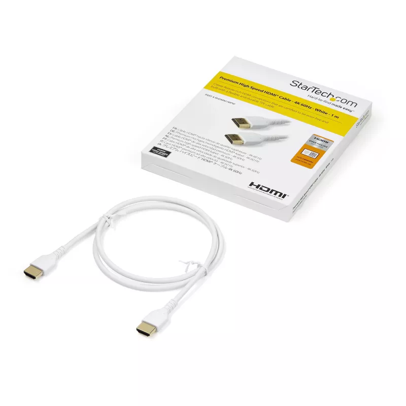 StarTech.com 1 m plonas HDMI 2.0 laidas, lankstus sertifikuotas HDMI laidas su Ethernet, UHD 4K 60Hz HDR10, tvirtas aramidinio pluošto dizainas su TPE apvalkalu, baltas