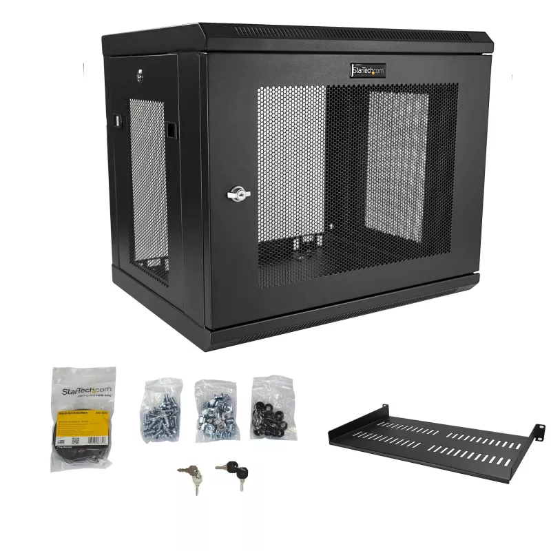 StarTech.com 9U sieninis tinklo spintos stovas su 1U lentyna, 19 colių serverio stovas sienai, ventiliuojamas korpusas