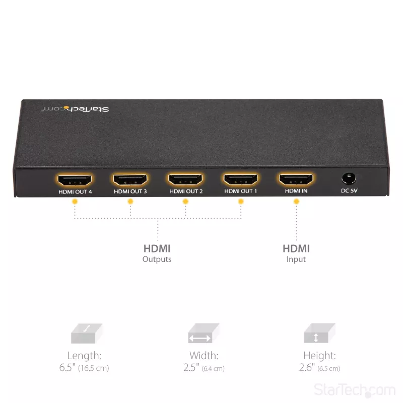 StarTech.com 4 prievadų HDMI skirstytuvas – 4K 60Hz, HDMI, 4x HDMI, 3840 x 2160 pikselių, juodas, 4K Ultra HD, 60 Hz