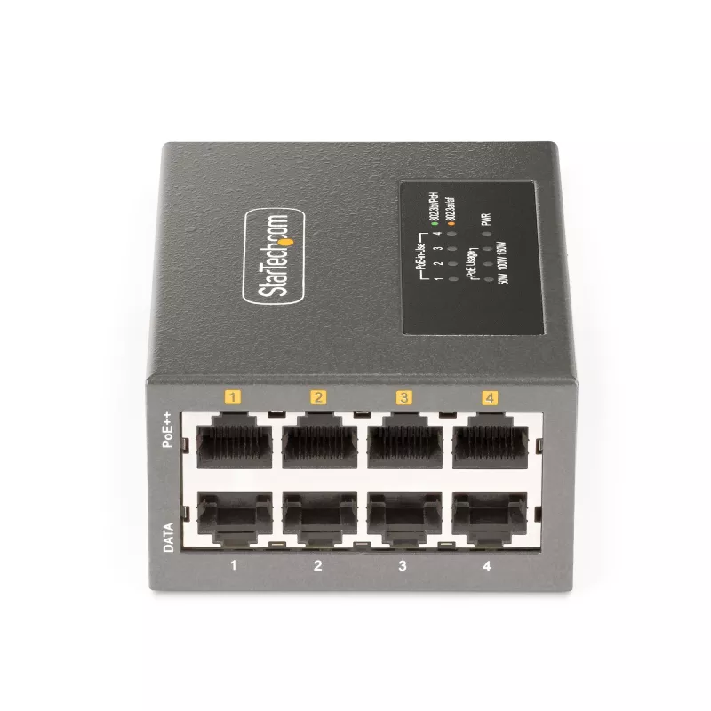 StarTech.com 4 prievadų kelių gigabitų PoE++ įpurškiklis, 5/2.5/1G Ethernet (NBASE-T), PoE/PoE+/PoE++ (802.3af/802.3at/802.3bt), 160 W galios biudžetas, montuojamas ant sienos/DIN bėgio, nevaldomas