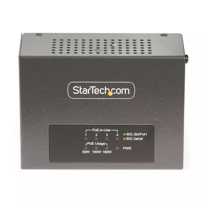 StarTech.com 4 prievadų kelių gigabitų PoE++ įpurškiklis, 5/2.5/1G Ethernet (NBASE-T), PoE/PoE+/PoE++ (802.3af/802.3at/802.3bt), 160 W galios biudžetas, montuojamas ant sienos/DIN bėgio, nevaldomas
