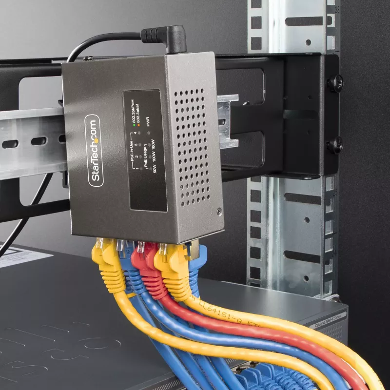StarTech.com 4 prievadų kelių gigabitų PoE++ įpurškiklis, 5/2.5/1G Ethernet (NBASE-T), PoE/PoE+/PoE++ (802.3af/802.3at/802.3bt), 160 W galios biudžetas, montuojamas ant sienos/DIN bėgio, nevaldomas