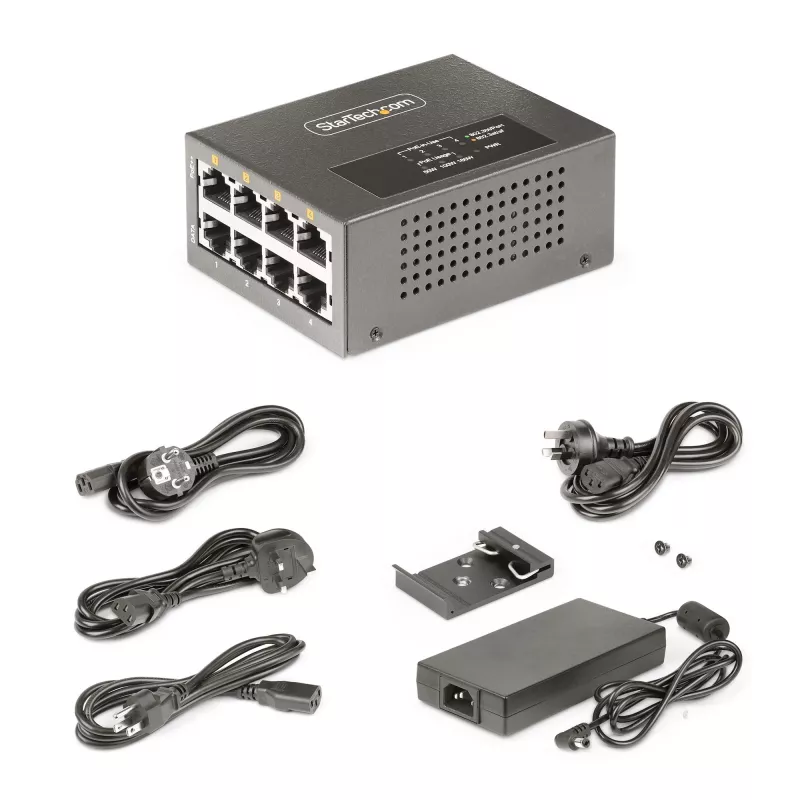 StarTech.com 4 prievadų kelių gigabitų PoE++ įpurškiklis, 5/2.5/1G Ethernet (NBASE-T), PoE/PoE+/PoE++ (802.3af/802.3at/802.3bt), 160 W galios biudžetas, montuojamas ant sienos/DIN bėgio, nevaldomas