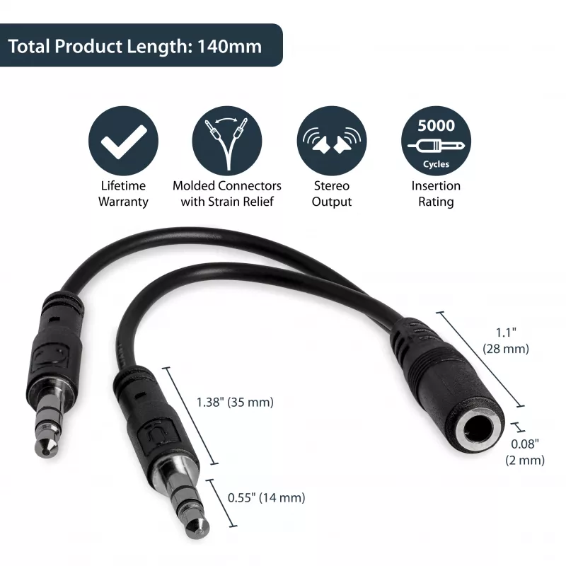 StarTech.com 3,5 mm 4 kontaktų ausinių skirstytuvas į 2x 3 kontaktų 3,5 mm lizdą – F/M