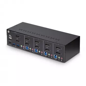 StarTech.com 4 prievadų dviejų monitorių DisplayPort KVM jungiklis, 4K 60Hz, 2x USB 5Gbps šakotuvai, 2x USB 2.0 HID prievadai, perjungimas klavišais ir mygtukais, TAA atitiktis - 3.5mm garsas, HDCP