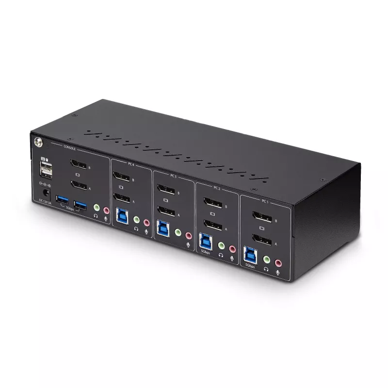 StarTech.com 4 prievadų dviejų monitorių DisplayPort KVM jungiklis, 4K 60Hz, 2x USB 5Gbps šakotuvai, 2x USB 2.0 HID prievadai, perjungimas klavišais ir mygtukais, TAA atitiktis - 3.5mm garsas, HDCP