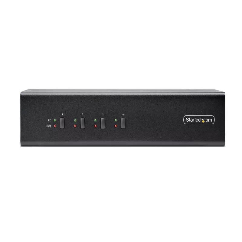 StarTech.com 4 prievadų dviejų monitorių DisplayPort KVM jungiklis, 4K 60Hz, 2x USB 5Gbps šakotuvai, 2x USB 2.0 HID prievadai, perjungimas klavišais ir mygtukais, TAA atitiktis - 3.5mm garsas, HDCP