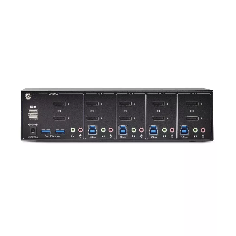 StarTech.com 4 prievadų dviejų monitorių DisplayPort KVM jungiklis, 4K 60Hz, 2x USB 5Gbps šakotuvai, 2x USB 2.0 HID prievadai, perjungimas klavišais ir mygtukais, TAA atitiktis - 3.5mm garsas, HDCP