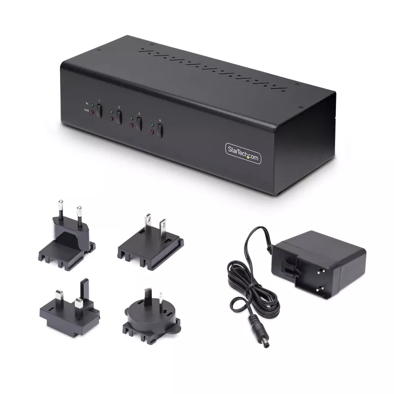 StarTech.com 4 prievadų dviejų monitorių DisplayPort KVM jungiklis, 4K 60Hz, 2x USB 5Gbps šakotuvai, 2x USB 2.0 HID prievadai, perjungimas klavišais ir mygtukais, TAA atitiktis - 3.5mm garsas, HDCP