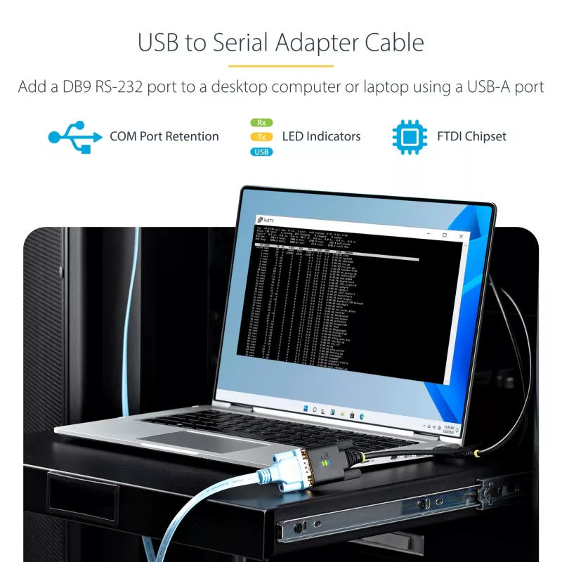 StarTech.com USB į RS232 adapterio laidas, 1 m, USB-A į DB9, FTDI IC, COM išlaikymas, ESD apsauga