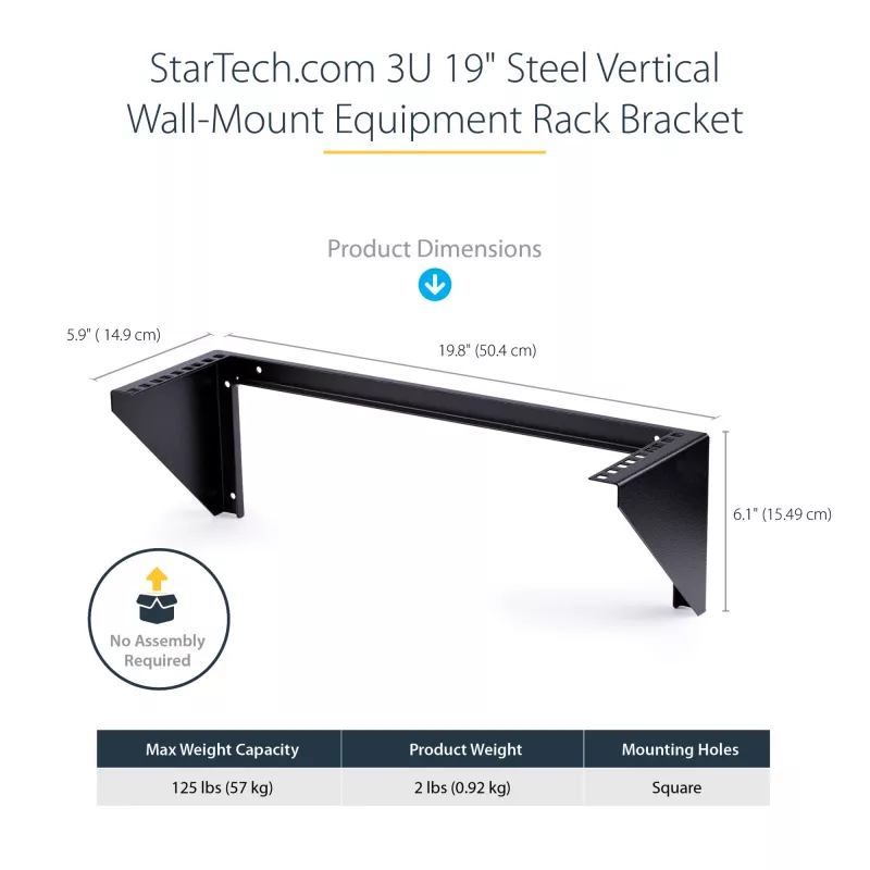StarTech.com 3U 19 inch vertikalus sieninis stovo laikiklis, sieninis skydelio laikiklis duomenų/AV/IT/kompiuterių įrangai, 3U stovas spintai ar serverių patalpai, atlaiko iki 68 kg