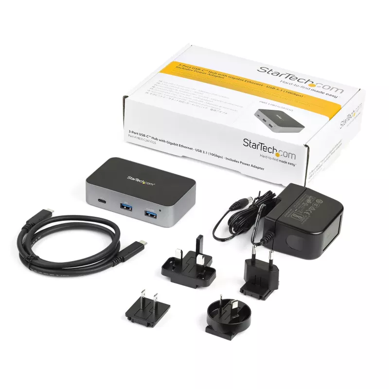 StarTech.com HB31C2A1CGS 3 prievadų USB-C šakotuvas su LAN lizdu (Gigabit Ethernet), USB 3.1 Gen 2 10 Gbps, 2x USB-A + 1x USB-C, 1 m kabelis, kartu maitinimo blokas