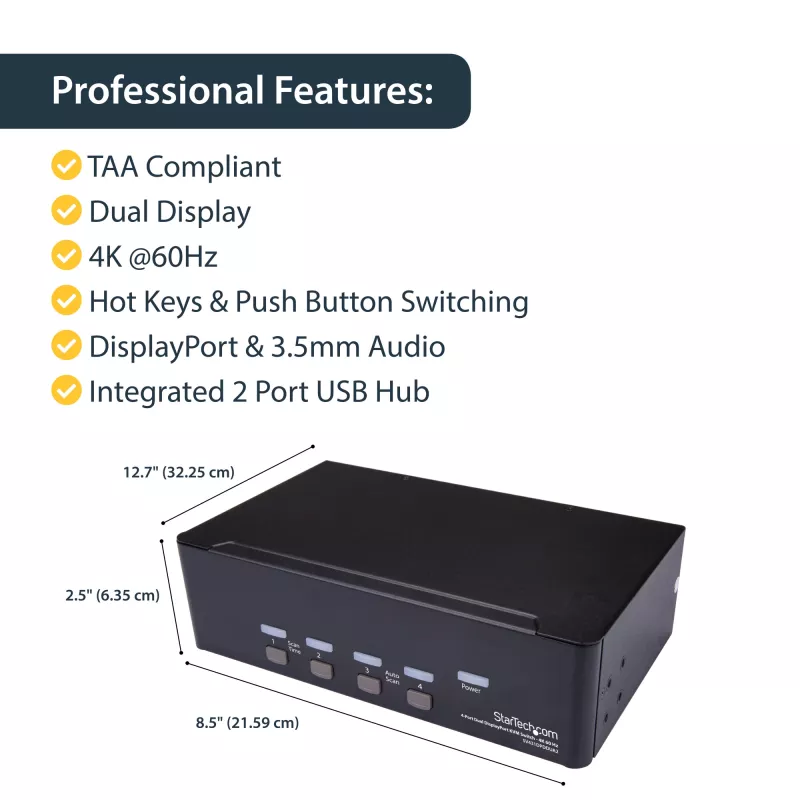 StarTech.com 4 prievadų dvigubo DisplayPort KVM jungiklis – 4K 60Hz, 3840 x 2160 pikselių, 4K Ultra HD, montavimui į stelažą, 18 W, 2U, juodas