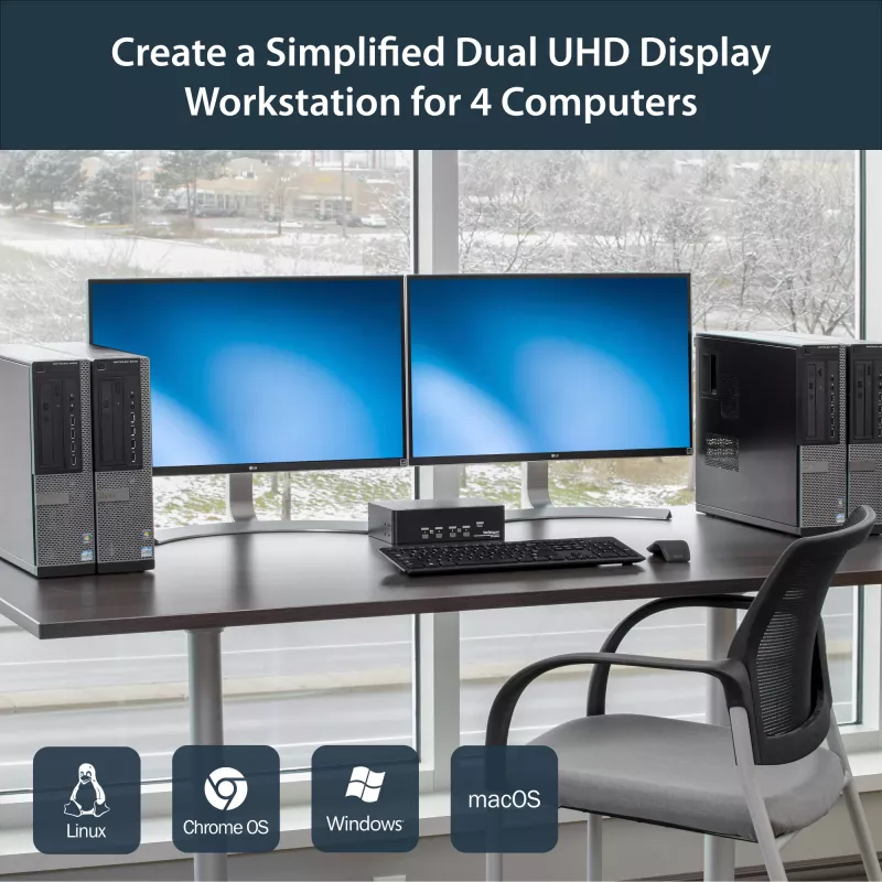 StarTech.com 4 prievadų dvigubo DisplayPort KVM jungiklis – 4K 60Hz, 3840 x 2160 pikselių, 4K Ultra HD, montavimui į stelažą, 18 W, 2U, juodas