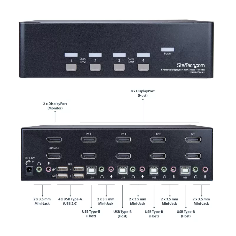 StarTech.com 4 prievadų dvigubo DisplayPort KVM jungiklis – 4K 60Hz, 3840 x 2160 pikselių, 4K Ultra HD, montavimui į stelažą, 18 W, 2U, juodas