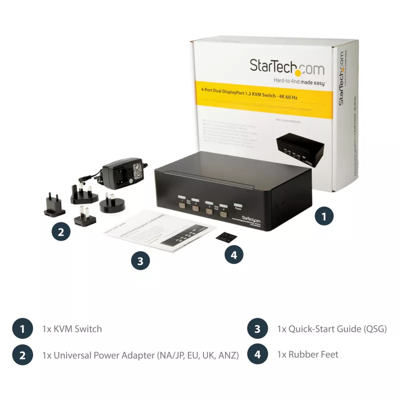 StarTech.com 4 prievadų dvigubo DisplayPort KVM jungiklis – 4K 60Hz, 3840 x 2160 pikselių, 4K Ultra HD, montavimui į stelažą, 18 W, 2U, juodas