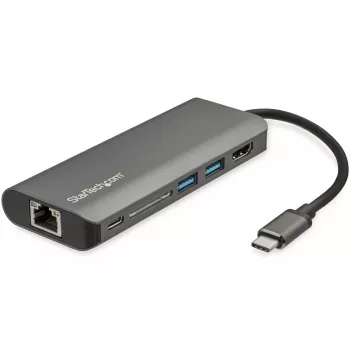 StarTech.com USB-C kelių prievadų adapteris – USB-C kelioninis dokas iki 4K HDMI, 3x USB 3.0 šakotuvas, SD/SDHC, GbE, 60W PD 3.0 pralaidumas – USB Type-C / Thunderbolt 3