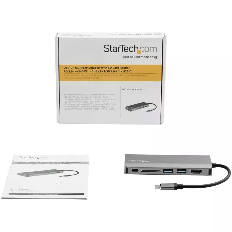 StarTech.com USB-C kelių prievadų adapteris – USB-C kelioninis dokas iki 4K HDMI, 3x USB 3.0 šakotuvas, SD/SDHC, GbE, 60W PD 3.0 pralaidumas – USB Type-C / Thunderbolt 3