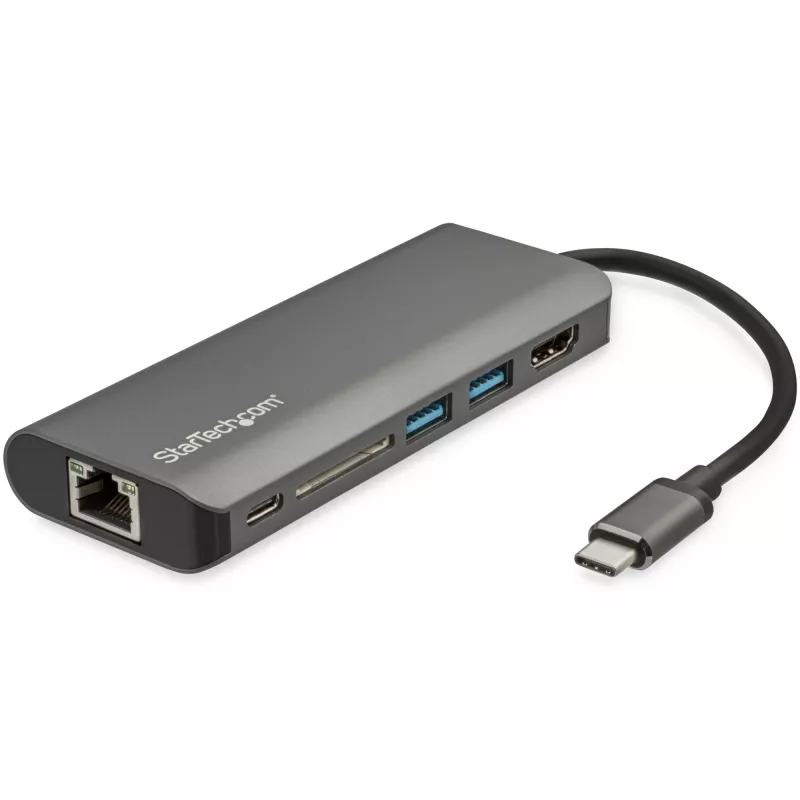 StarTech.com USB-C kelių prievadų adapteris – USB-C kelioninis dokas iki 4K HDMI, 3x USB 3.0 šakotuvas, SD/SDHC, GbE, 60W PD 3.0 pralaidumas – USB Type-C / Thunderbolt 3