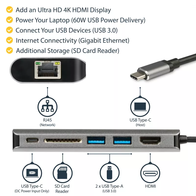 StarTech.com USB-C kelių prievadų adapteris – USB-C kelioninis dokas iki 4K HDMI, 3x USB 3.0 šakotuvas, SD/SDHC, GbE, 60W PD 3.0 pralaidumas – USB Type-C / Thunderbolt 3