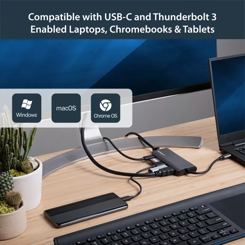 StarTech.com USB-C kelių prievadų adapteris – USB-C kelioninis dokas iki 4K HDMI, 3x USB 3.0 šakotuvas, SD/SDHC, GbE, 60W PD 3.0 pralaidumas – USB Type-C / Thunderbolt 3