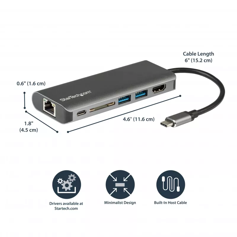 StarTech.com USB-C kelių prievadų adapteris – USB-C kelioninis dokas iki 4K HDMI, 3x USB 3.0 šakotuvas, SD/SDHC, GbE, 60W PD 3.0 pralaidumas – USB Type-C / Thunderbolt 3