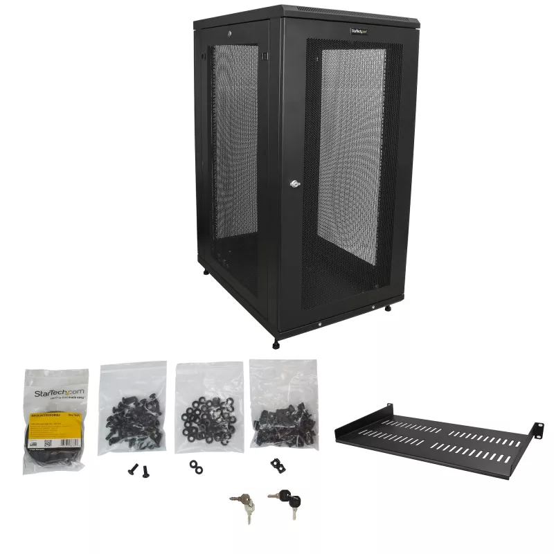 StarTech.com 4-Post 24U serverinis stovas, užrakinama 19 colių duomenų spinta kompiuteriams, AV/IT įrangai, biuro/namų tinklo stovas su ratukais ir reguliuojamais montavimo bėgeliais