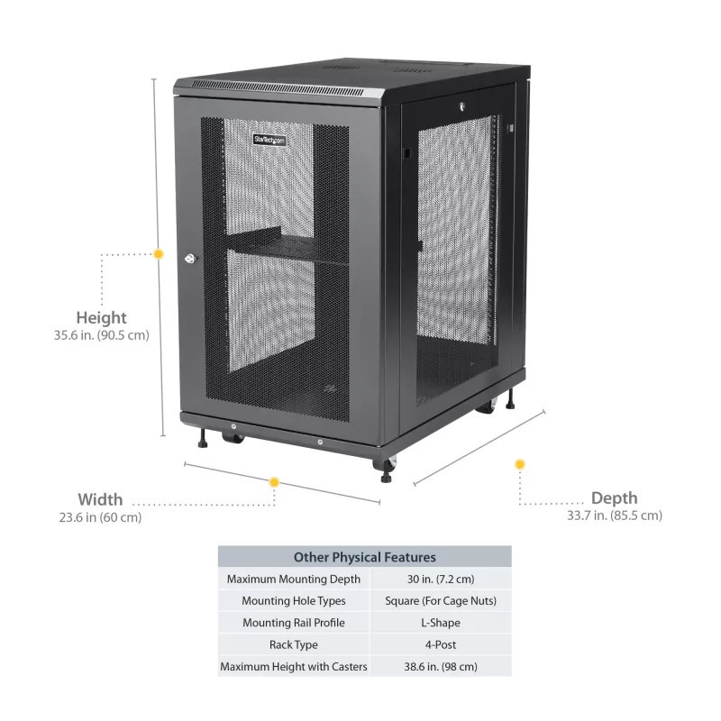 StarTech.com 4-Post 18U serverinis stovas, užrakinama 19 colių spinta kompiuterinei / AV / IT įrangai, biuro / namų tinklo stovas su ratukais ir reguliuojamais montavimo bėgiais
