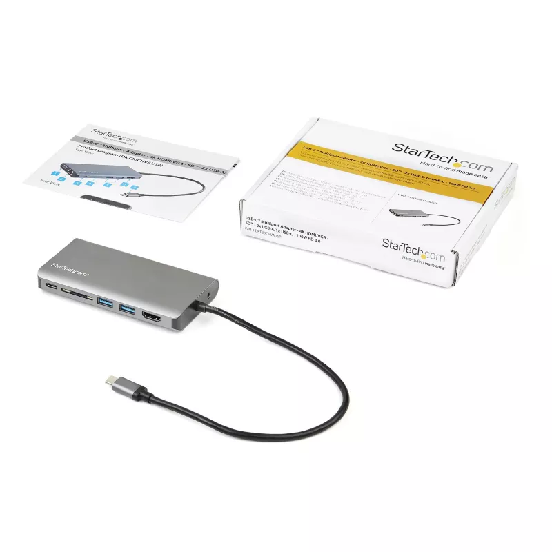 StarTech.com USB-C kelių prievadų adapteris – USB-C mini kelioninis dokas su 4K HDMI arba 1080p VGA, 3x USB 3.0 šakotuvas, SD, GbE, garsas, 100W PD perdavimas – nešiojama dokų stotelė nešiojamam kompiuteriui / planšetei