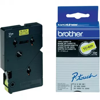 Lipnių etikečių juosta Brother TC601 12 mm juoda ant geltonos