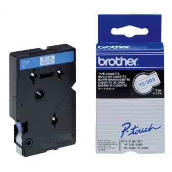 Brother TC203 lipni juosta etikečių spausdinimui 12mm mėlyna ant baltos