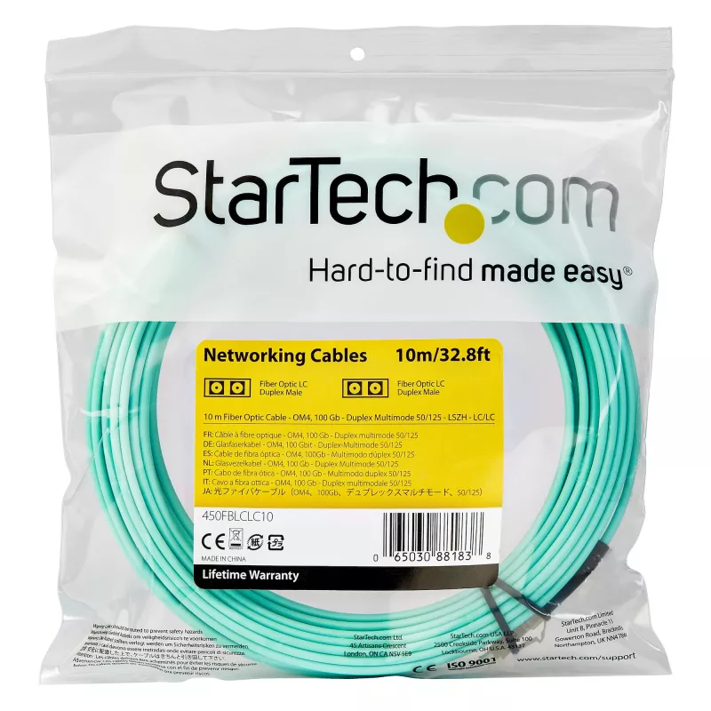 StarTech.com 10m (30 pėdų) LC/UPC į LC/UPC OM4 daugiamodis šviesolaidinis kabelis, 50/125µm LOMMF/VCSEL zipcord, 100G, maži įterpimo nuostoliai - LSZH šuoliukas