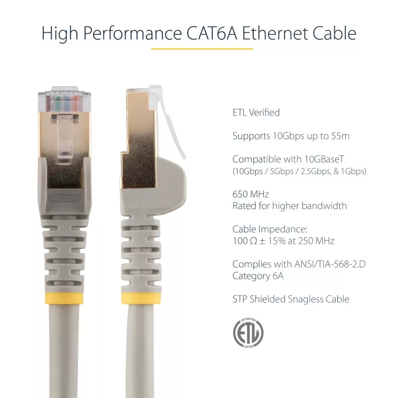 StarTech.com 10 m CAT6a Ethernet kabelis - 10 gigabitų ekranuotas nesikabinantis RJ45 100W PoE laidų rinkinys - 10GbE STP tinklo kabelis su įtempimo mažinimu - pilkas, individualiai išbandytas / laidai UL sertifikuoti / TIA