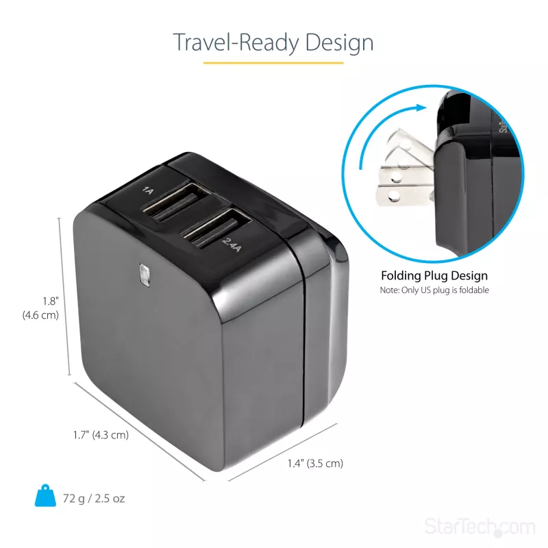 StarTech.com Dviejų prievadų USB sieninis įkroviklis – tarptautinėms kelionėms – 17W/3.4A – juodas