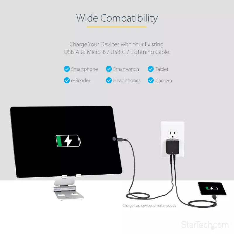 StarTech.com Dviejų prievadų USB sieninis įkroviklis – tarptautinėms kelionėms – 17W/3.4A – juodas