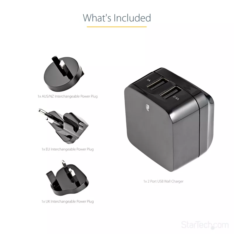 StarTech.com Dviejų prievadų USB sieninis įkroviklis – tarptautinėms kelionėms – 17W/3.4A – juodas