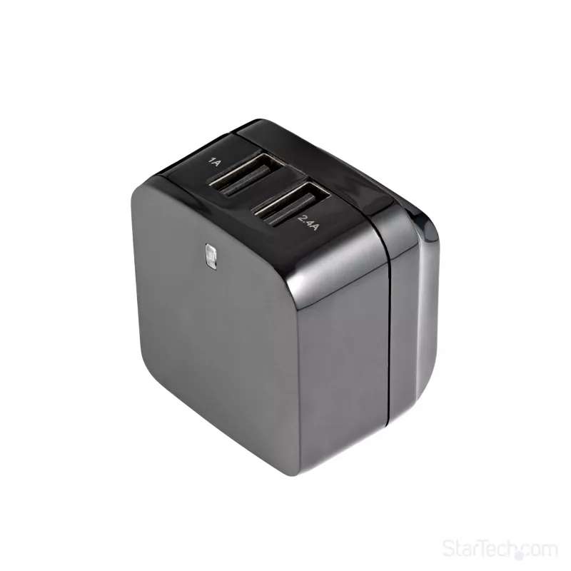 StarTech.com Dviejų prievadų USB sieninis įkroviklis – tarptautinėms kelionėms – 17W/3.4A – juodas