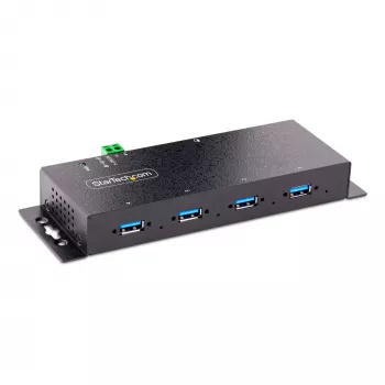 StarTech.com 4 prievadų pramoninis USB 3.0 5Gbps šakotuvas, tvirtas USB šakotuvas su ESD apsauga, montuojamas ant DIN bėgio/sienos/stalo, USB išplėtimo šakotuvas su fiksuojamaisiais prievadais, patvarus - TAA