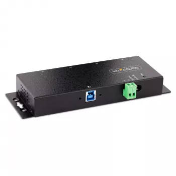 StarTech.com 4 prievadų pramoninis USB 3.0 5Gbps šakotuvas, tvirtas USB šakotuvas su ESD apsauga, montuojamas ant DIN bėgio/sienos/stalo, USB išplėtimo šakotuvas su fiksuojamaisiais prievadais, patvarus - TAA