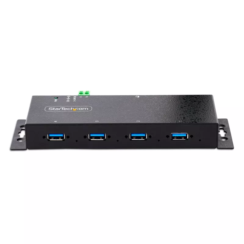 StarTech.com 4 prievadų pramoninis USB 3.0 5Gbps šakotuvas, tvirtas USB šakotuvas su ESD apsauga, montuojamas ant DIN bėgio/sienos/stalo, USB išplėtimo šakotuvas su fiksuojamaisiais prievadais, patvarus - TAA
