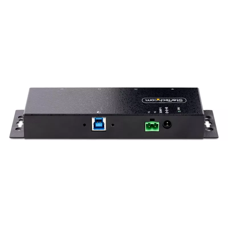 StarTech.com 4 prievadų pramoninis USB 3.0 5Gbps šakotuvas, tvirtas USB šakotuvas su ESD apsauga, montuojamas ant DIN bėgio/sienos/stalo, USB išplėtimo šakotuvas su fiksuojamaisiais prievadais, patvarus - TAA